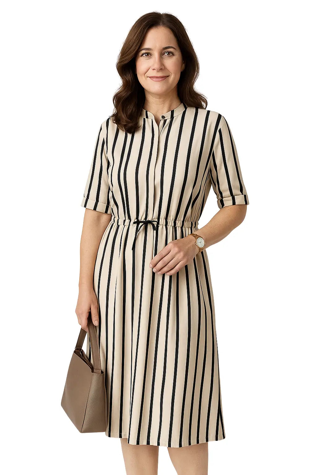 Vestido camisa feminino LIDOU listrado em preto e branco com manga curta e cintura ajustável – modelo casual de verão