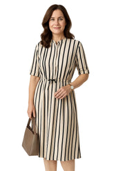 Vestido camisa feminino LIDOU listrado em preto e branco com manga curta e cintura ajustável – modelo casual de verão