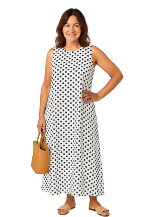 Vestido feminino midi com estampa de poá, sem mangas e gola redonda – estilo solto boêmio para o verão 