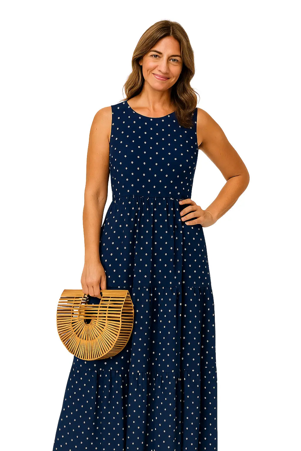 Vestido feminino longo sem mangas com estampa de poá, tecido chiffon leve e modelagem solta boho casual – ideal para primavera/verão