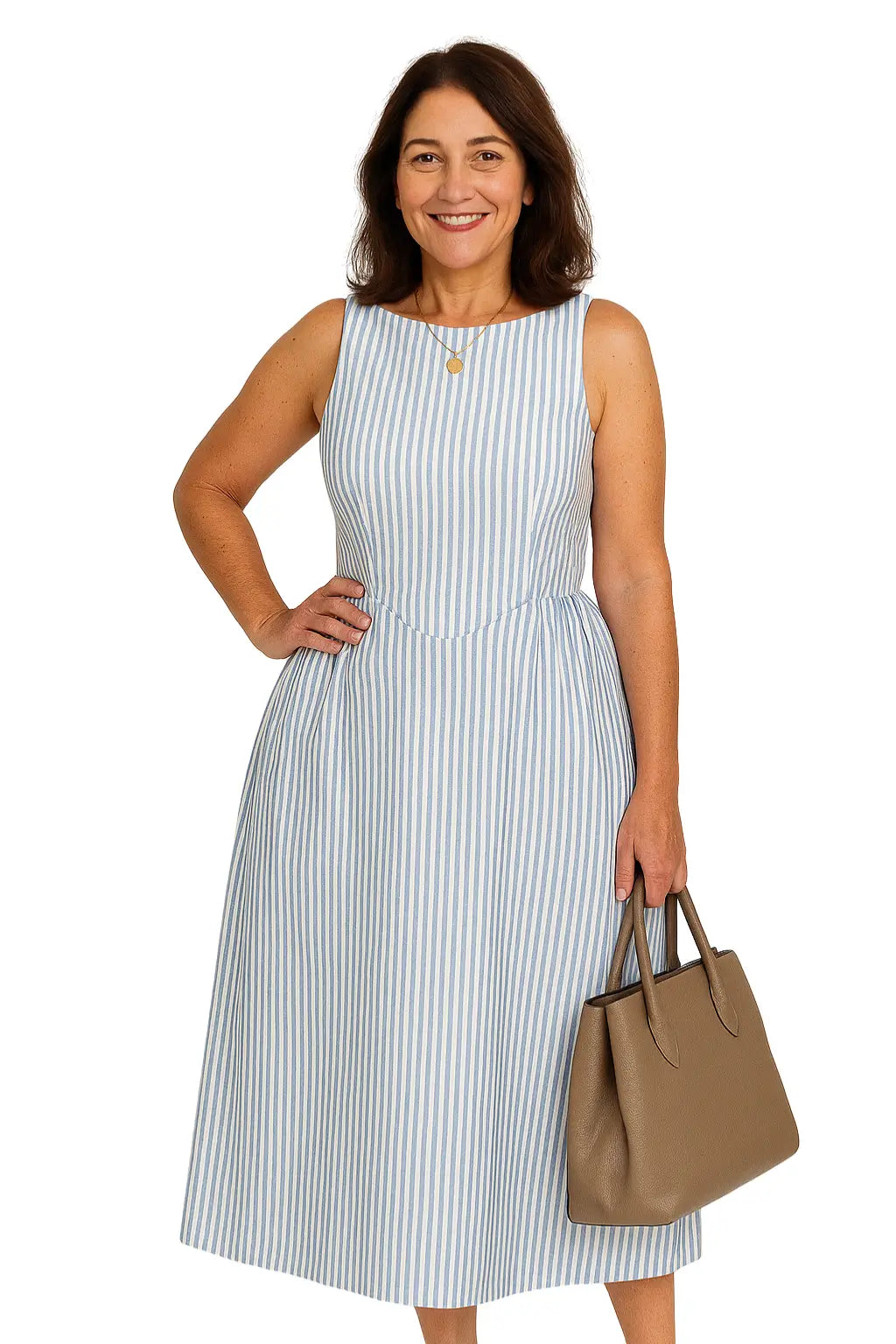 Vestido feminino listrado azul, sem mangas, com cintura marcada e gola redonda – estilo casual elegante para o verão