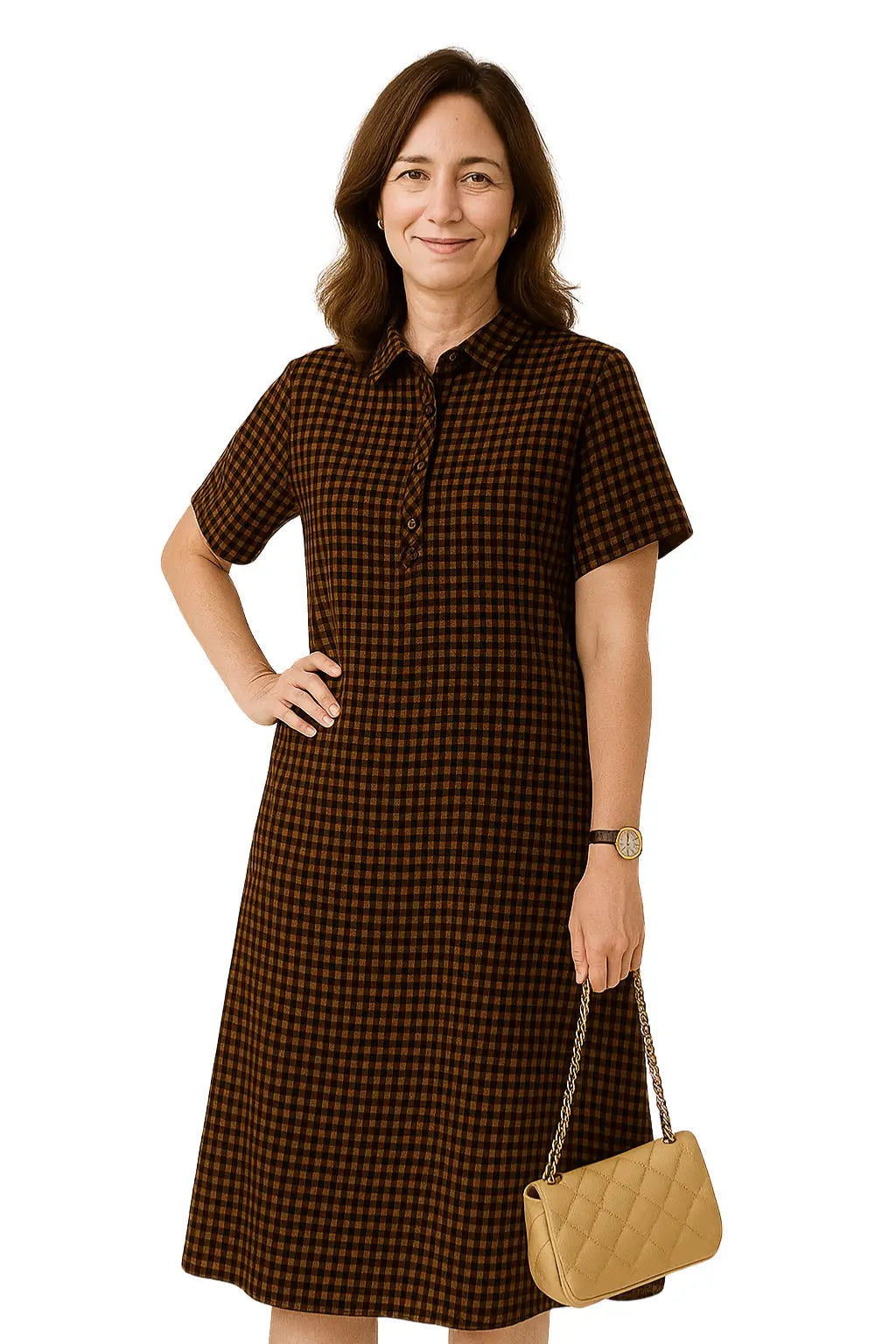 Vestido feminino midi xadrez com manga curta, gola social e botões – modelo casual vintage solto para o verão 