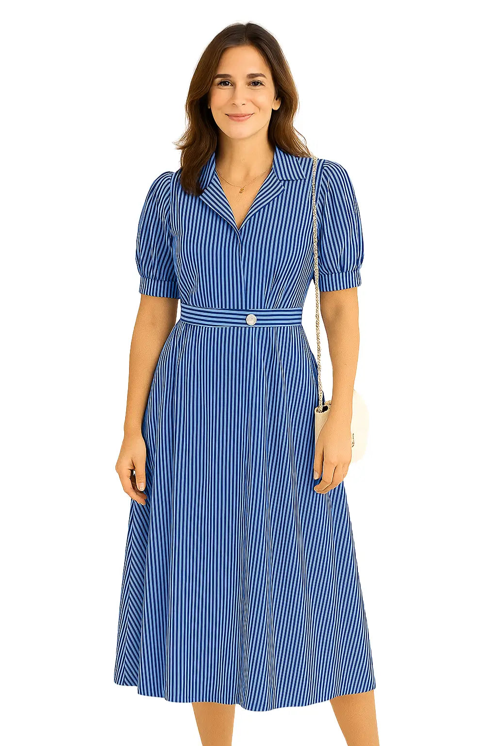Vestido longo feminino vintage com estampa listrada, botão único e manga bufante – estilo retrô para o verão