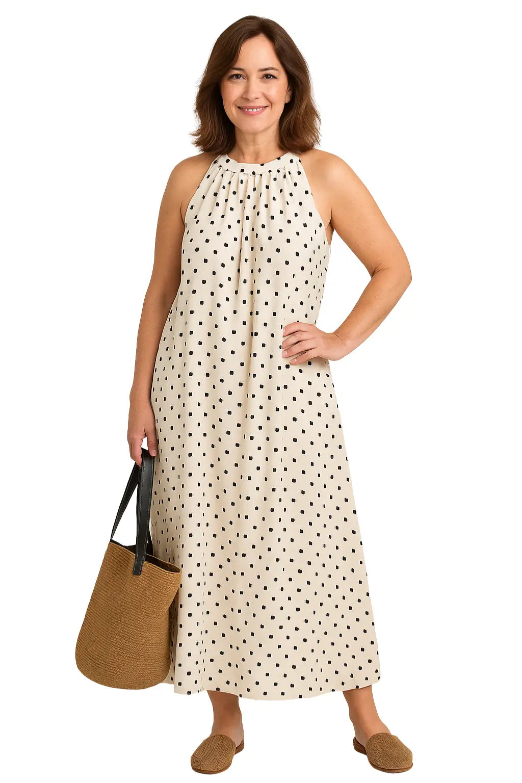 Vestido longo feminino sem mangas com estampa de poá – modelo solto para o verão 