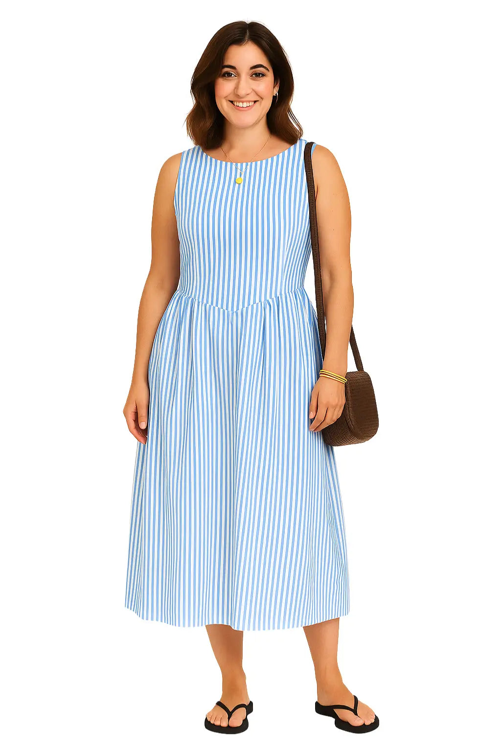 Vestido feminino listrado amarelo sem mangas, modelagem acinturada e comprimento midi – estilo elegante casual para o verão