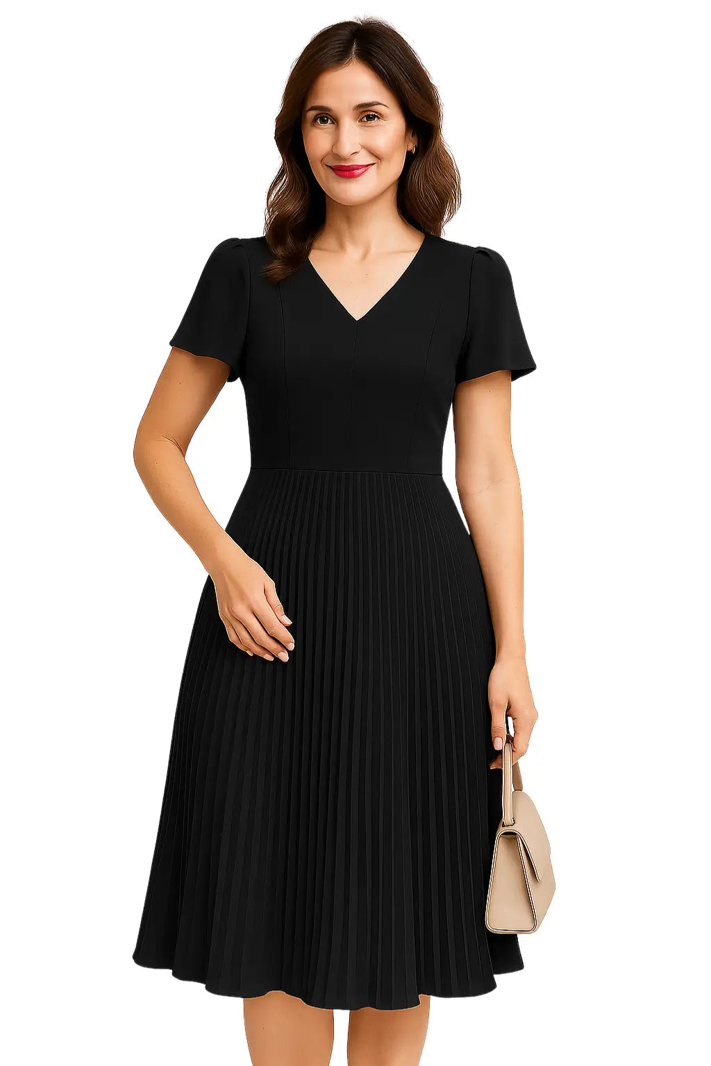 Modelo vestindo vestido midi AURORA com decote V, manga curta e caimento plissado, ideal para trabalho ou eventos sociais no verão