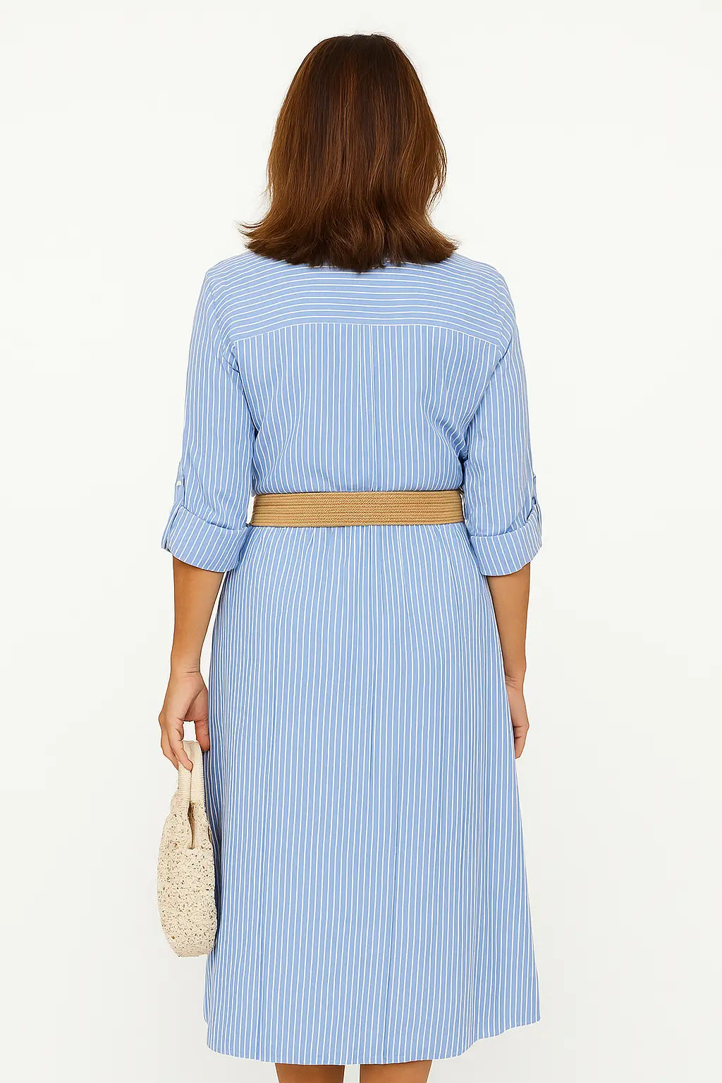 Vestido camisa listrado midi feminino com cinto e mangas três quartos – estilo casual de verão