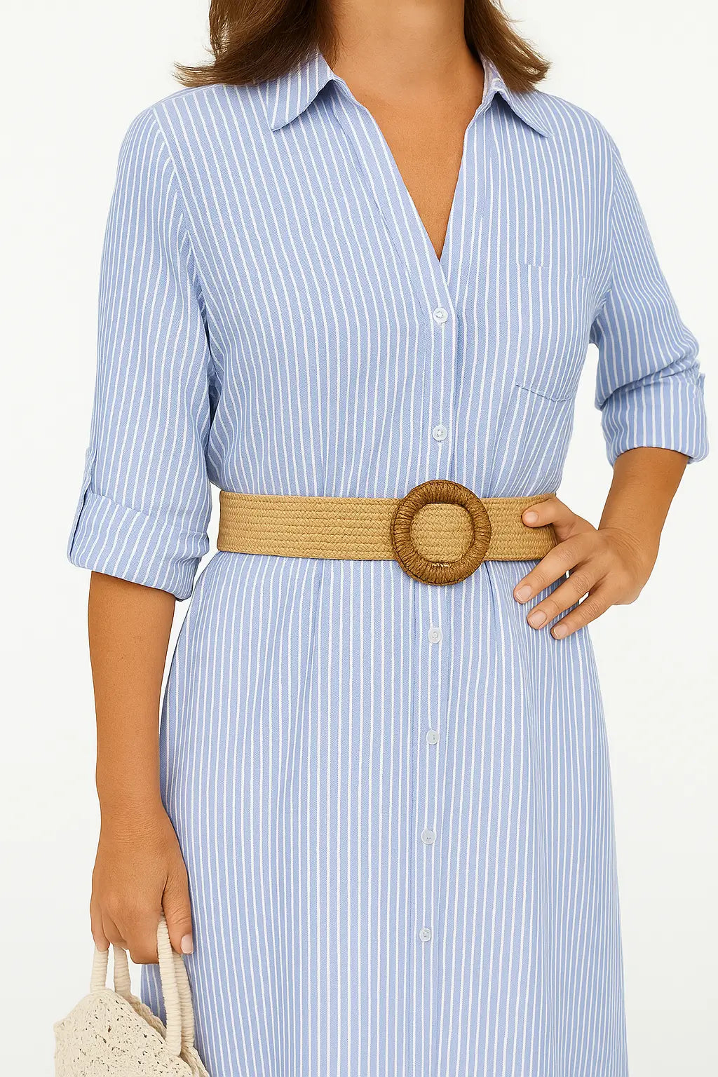 Vestido camisa listrado midi feminino com cinto e mangas três quartos – estilo casual de verão