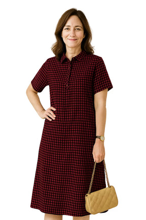 Vestido feminino midi xadrez com manga curta, gola social e botões – modelo casual vintage solto para o verão 