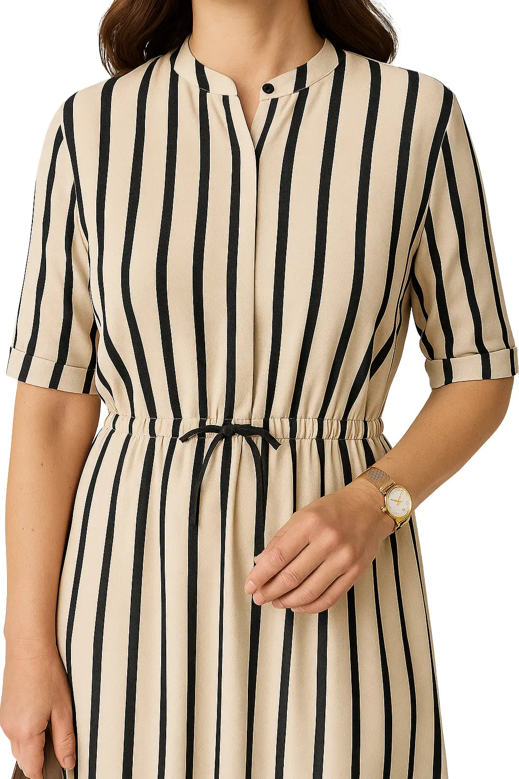 Vestido camisa feminino LIDOU listrado em preto e branco com manga curta e cintura ajustável – modelo casual de verão