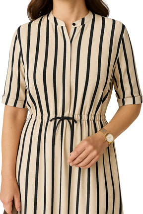 Vestido camisa feminino LIDOU listrado em preto e branco com manga curta e cintura ajustável – modelo casual de verão