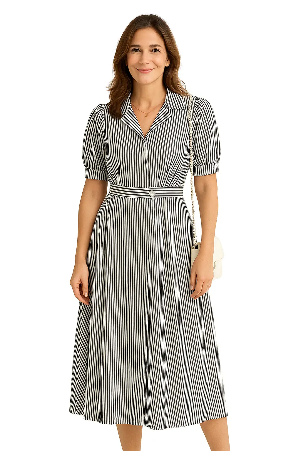 Vestido longo feminino vintage com estampa listrada, botão único e manga bufante – estilo retrô para o verão