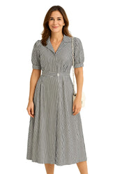 Vestido longo feminino vintage com estampa listrada, botão único e manga bufante – estilo retrô para o verão