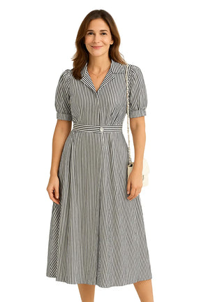 Vestido longo feminino vintage com estampa listrada, botão único e manga bufante – estilo retrô para o verão