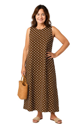 Vestido feminino midi com estampa de poá, sem mangas e gola redonda – estilo solto boêmio para o verão 