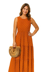 Vestido feminino longo sem mangas com estampa de poá, tecido chiffon leve e modelagem solta boho casual – ideal para primavera/verão