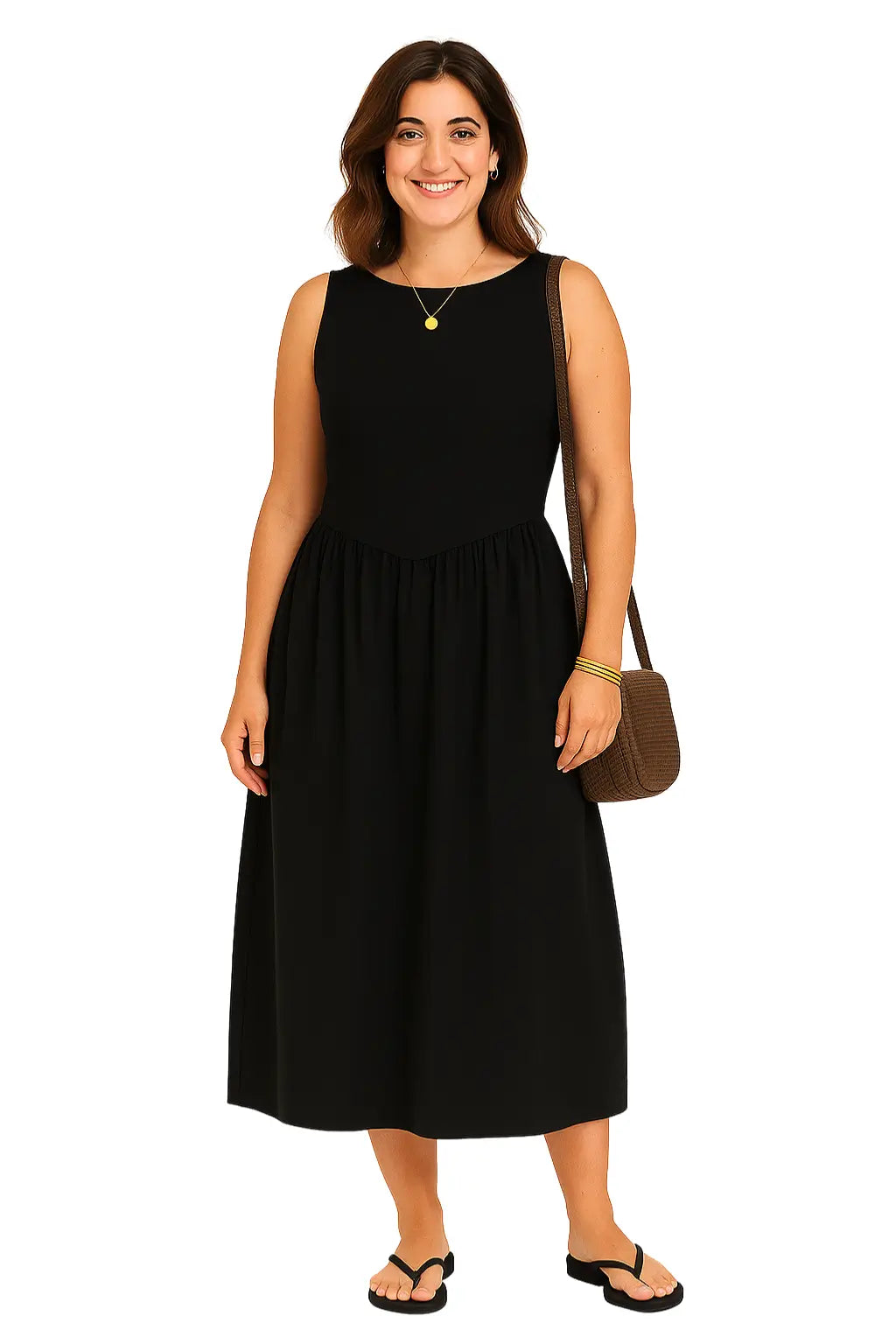 Vestido feminino listrado amarelo sem mangas, modelagem acinturada e comprimento midi – estilo elegante casual para o verão