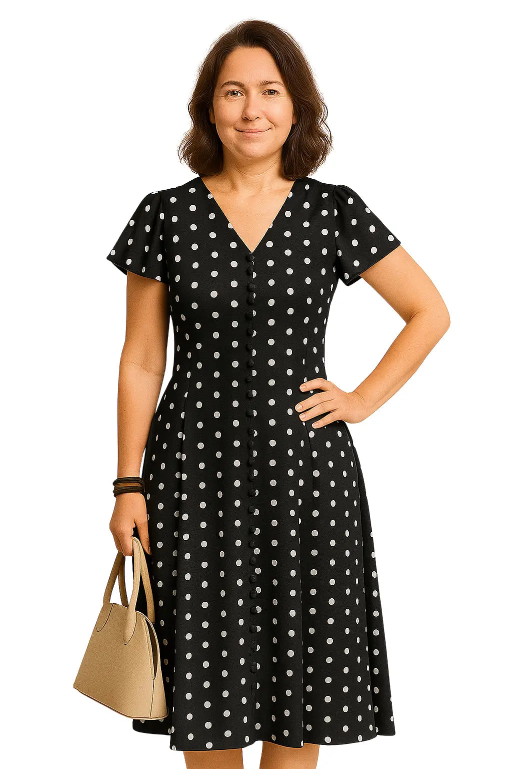 Vestido midi feminino verde com estampa de poá, mangas borboleta e botões frontais – modelo elegante para ocasiões casuais ou formais no verão