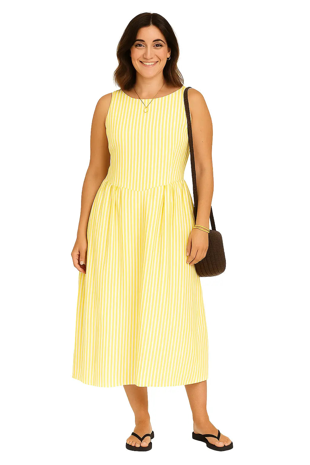 Vestido feminino listrado amarelo sem mangas, modelagem acinturada e comprimento midi – estilo elegante casual para o verão