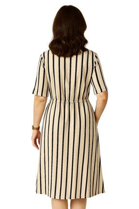 Vestido camisa feminino LIDOU listrado em preto e branco com manga curta e cintura ajustável – modelo casual de verão