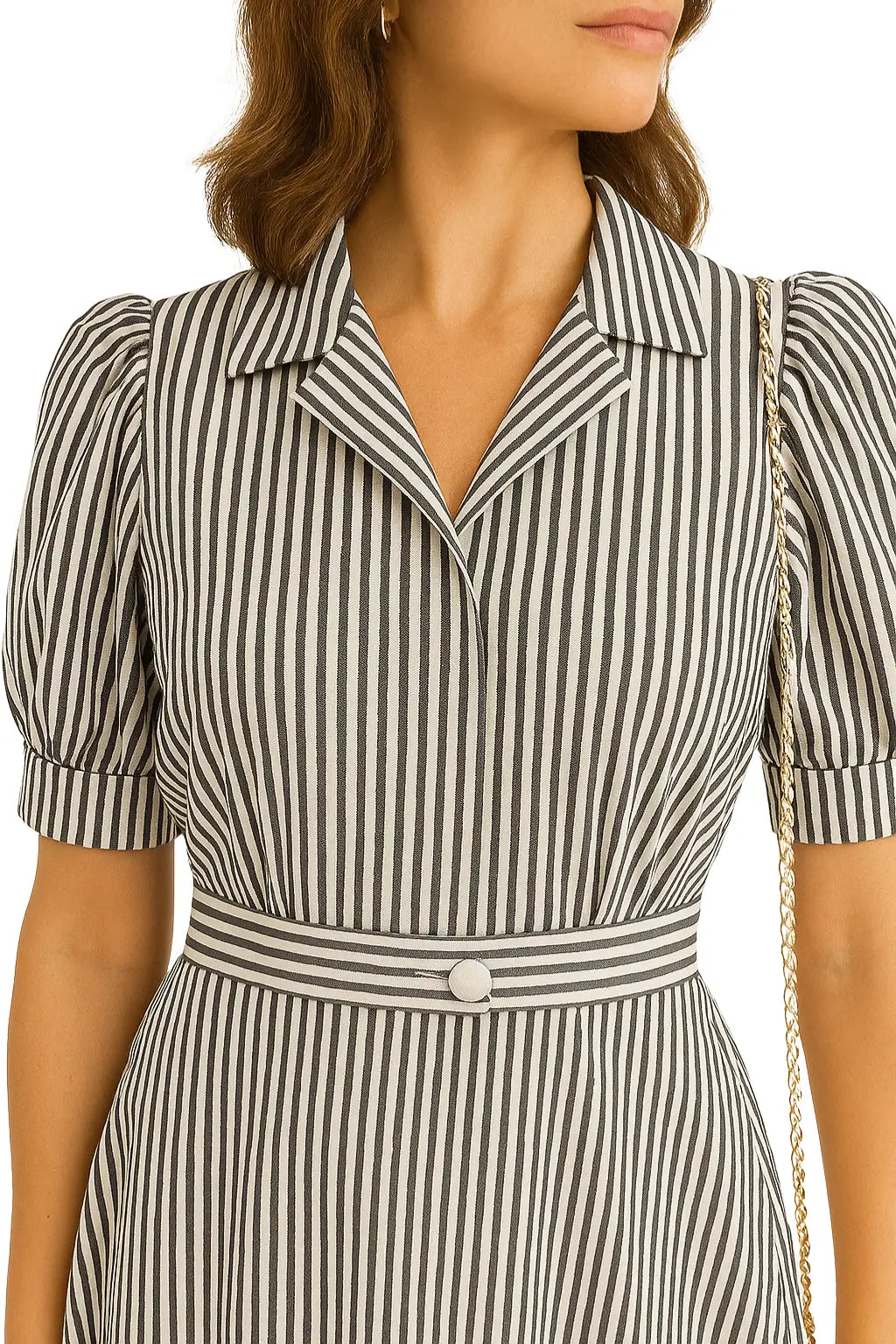 Vestido longo feminino vintage com estampa listrada, botão único e manga bufante – estilo retrô para o verão