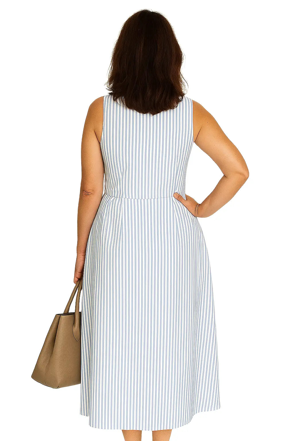 Vestido feminino listrado azul, sem mangas, com cintura marcada e gola redonda – estilo casual elegante para o verão
