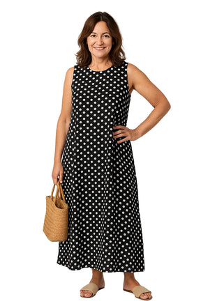 Vestido feminino midi com estampa de poá, sem mangas e gola redonda – estilo solto boêmio para o verão 