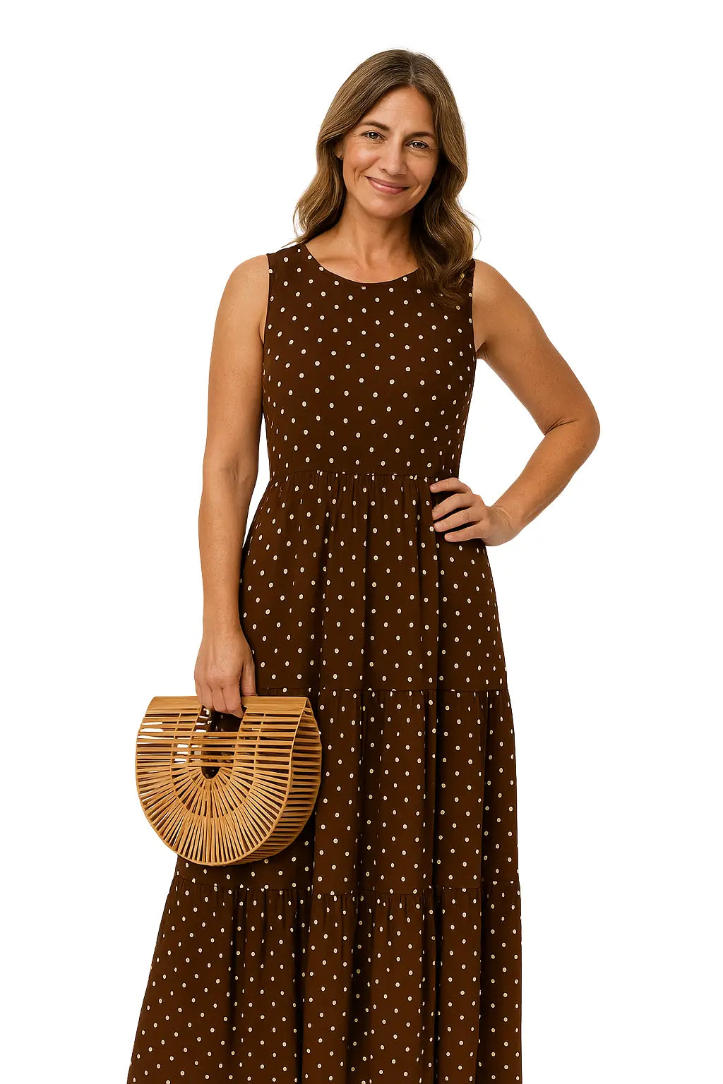 Vestido feminino longo sem mangas com estampa de poá, tecido chiffon leve e modelagem solta boho casual – ideal para primavera/verão