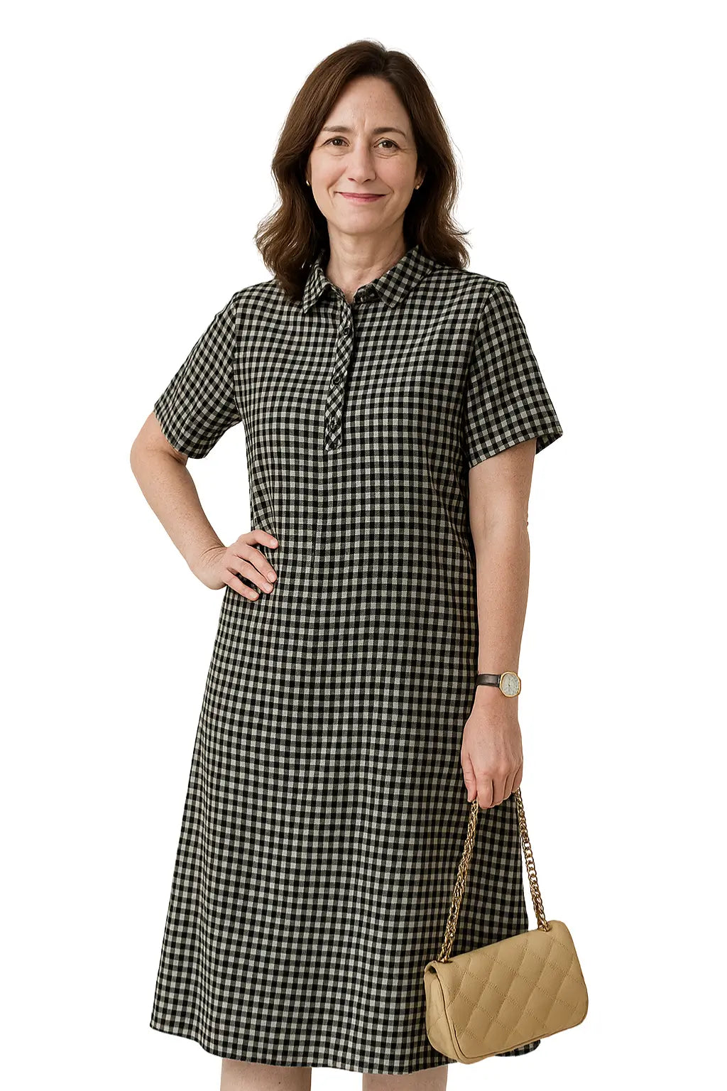 Vestido feminino midi xadrez com manga curta, gola social e botões – modelo casual vintage solto para o verão 