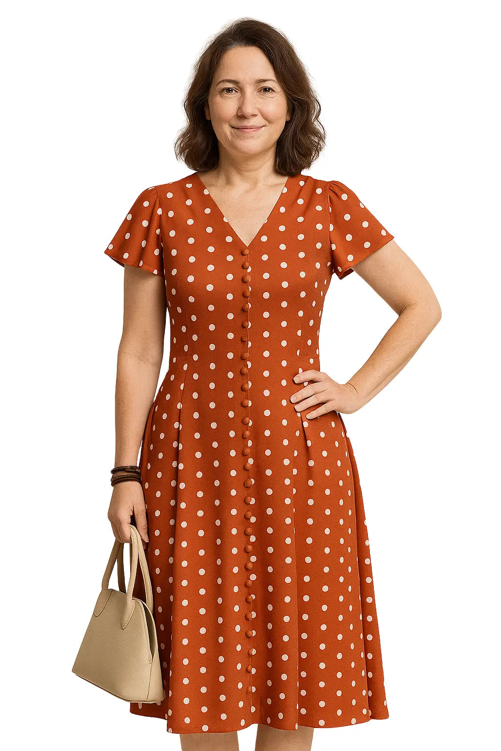 Vestido midi feminino verde com estampa de poá, mangas borboleta e botões frontais – modelo elegante para ocasiões casuais ou formais no verão