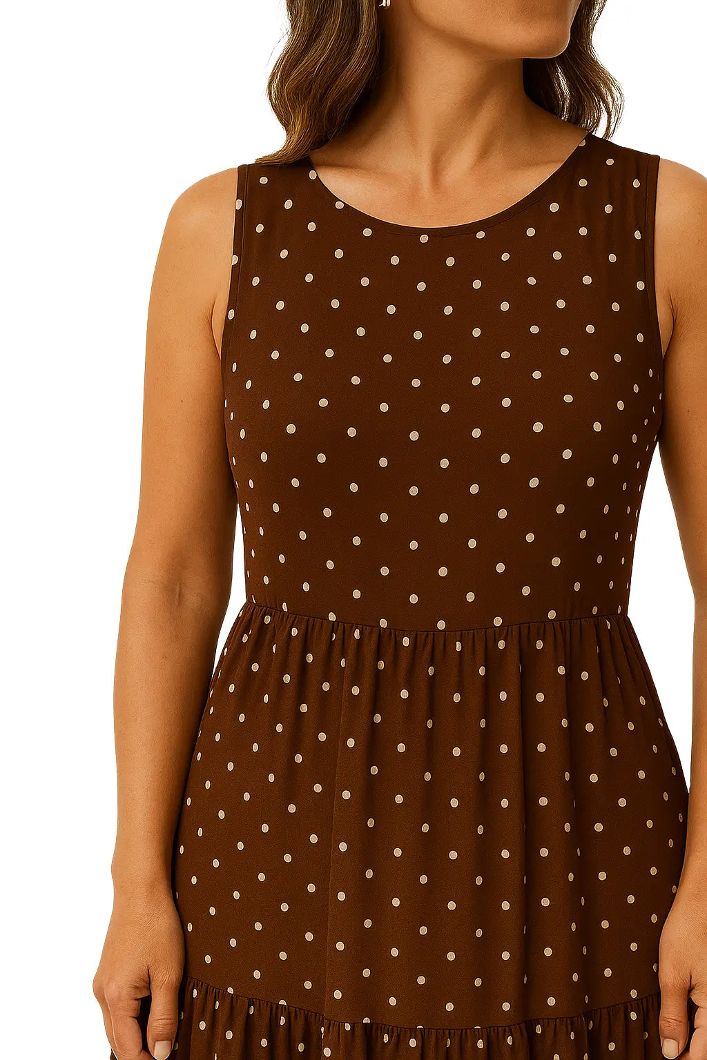 Vestido feminino longo sem mangas com estampa de poá, tecido chiffon leve e modelagem solta boho casual – ideal para primavera/verão