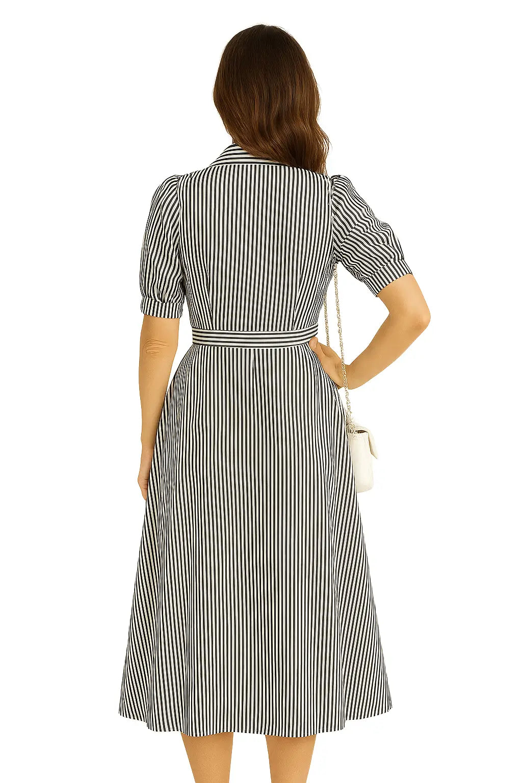 Vestido longo feminino vintage com estampa listrada, botão único e manga bufante – estilo retrô para o verão