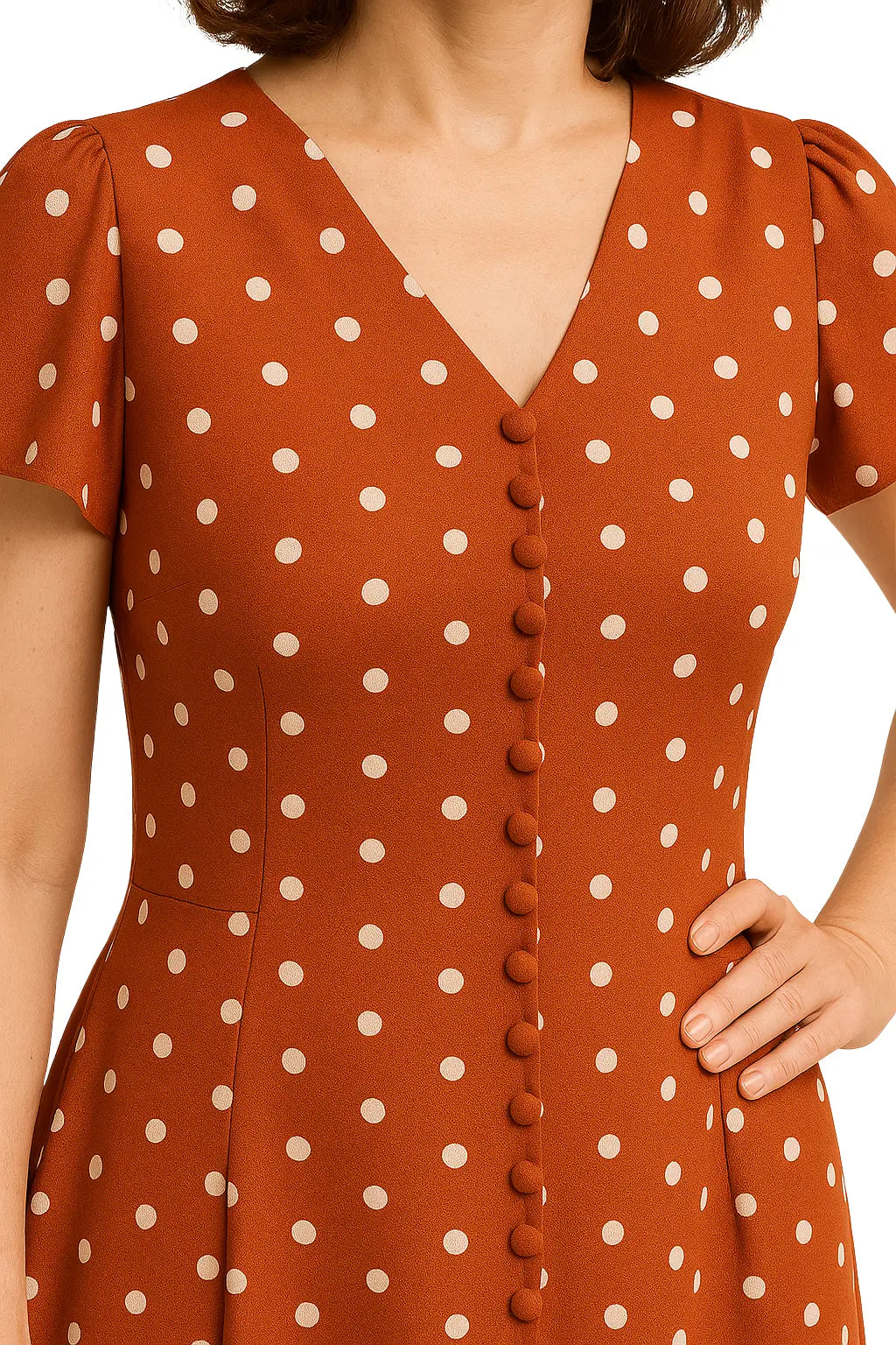 Vestido midi feminino verde com estampa de poá, mangas borboleta e botões frontais – modelo elegante para ocasiões casuais ou formais no verão