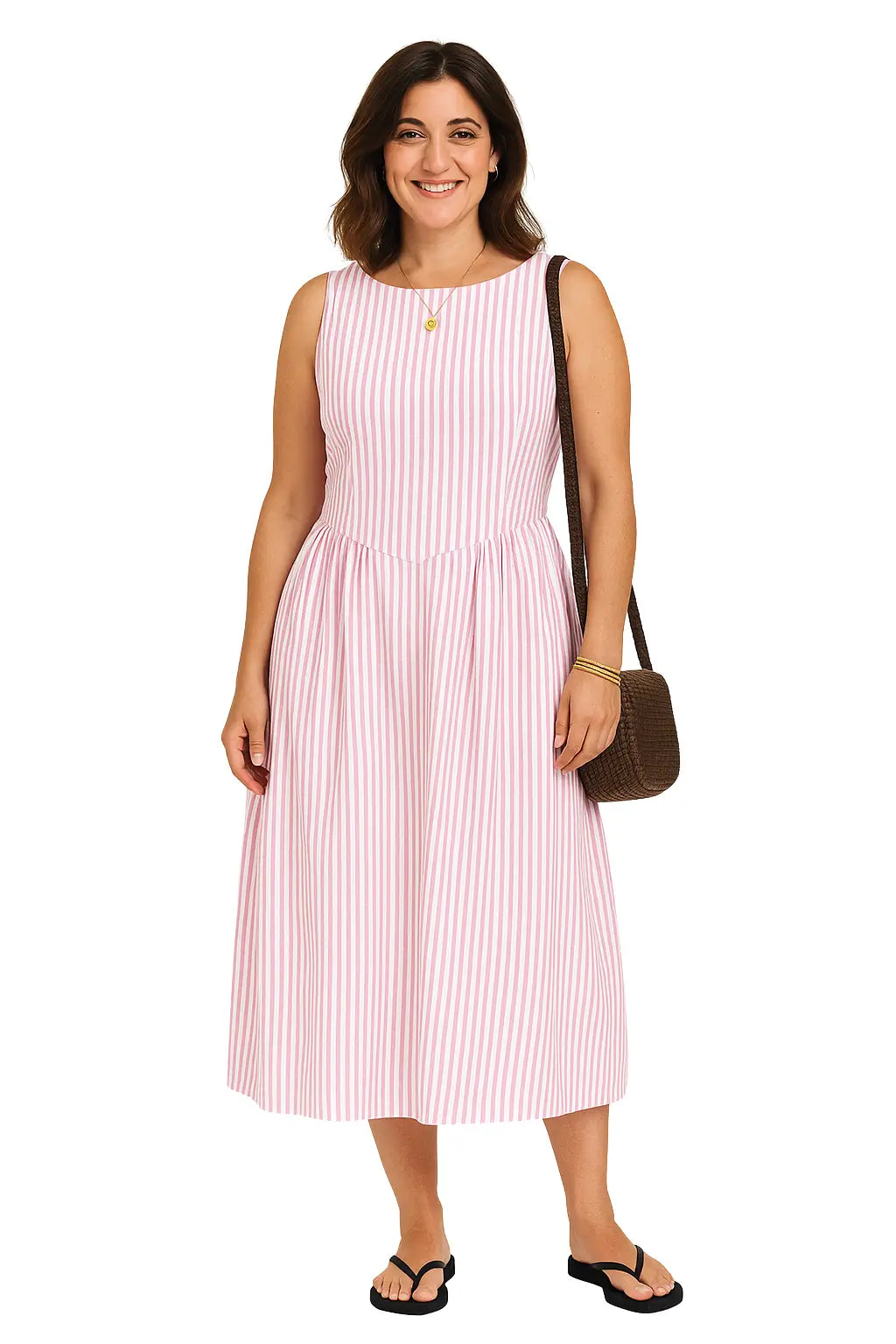 Vestido feminino listrado amarelo sem mangas, modelagem acinturada e comprimento midi – estilo elegante casual para o verão