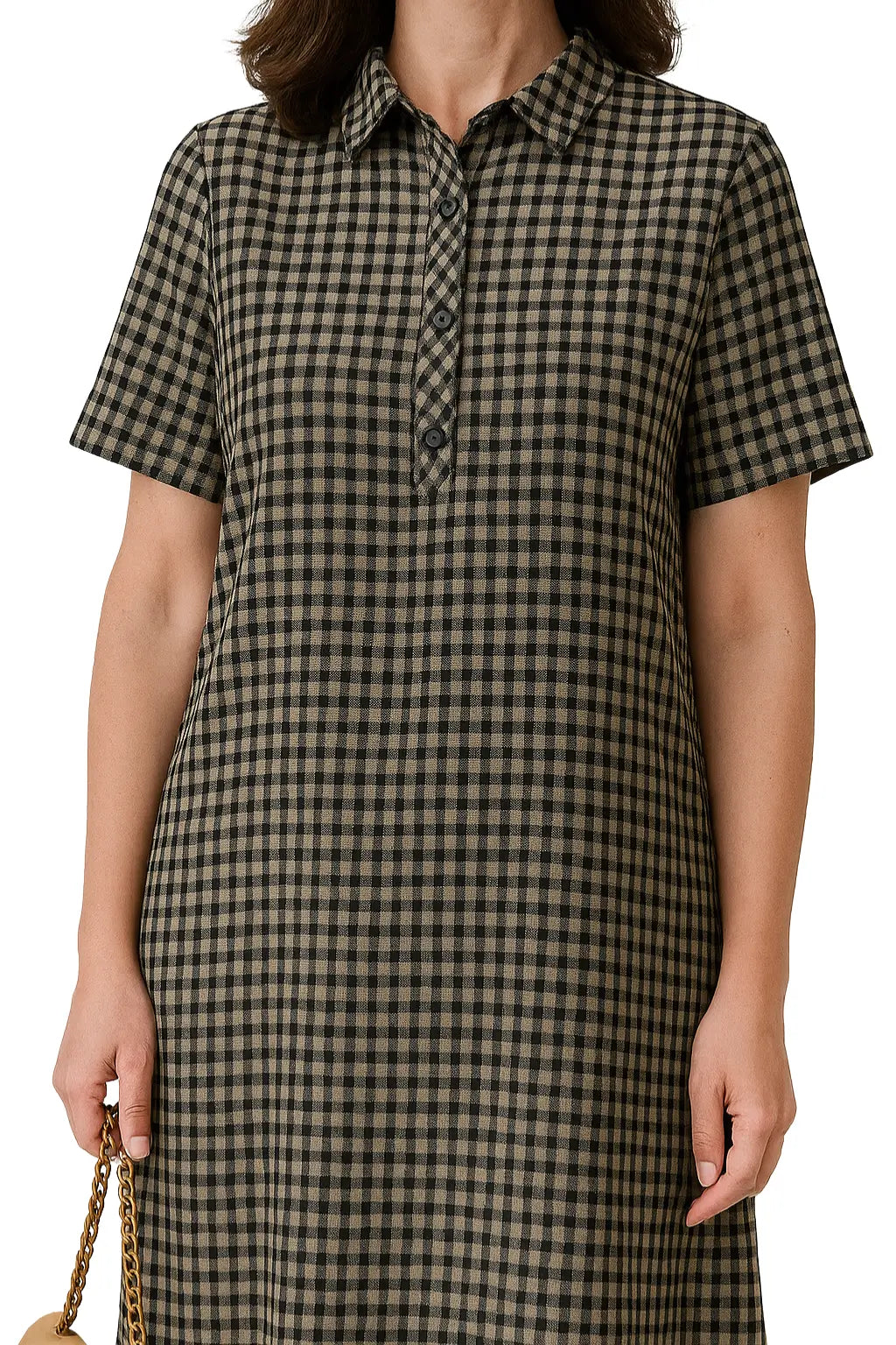 Vestido feminino midi xadrez com manga curta, gola social e botões – modelo casual vintage solto para o verão 