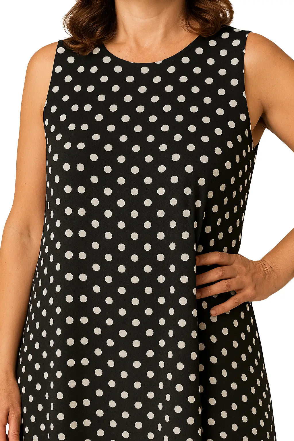 Vestido feminino midi com estampa de poá, sem mangas e gola redonda – estilo solto boêmio para o verão 