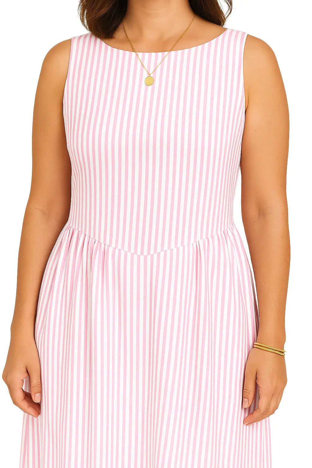 Vestido feminino listrado amarelo sem mangas, modelagem acinturada e comprimento midi – estilo elegante casual para o verão