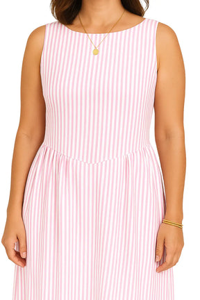 Vestido feminino listrado amarelo sem mangas, modelagem acinturada e comprimento midi – estilo elegante casual para o verão