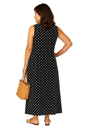 Vestido feminino midi com estampa de poá, sem mangas e gola redonda – estilo solto boêmio para o verão 