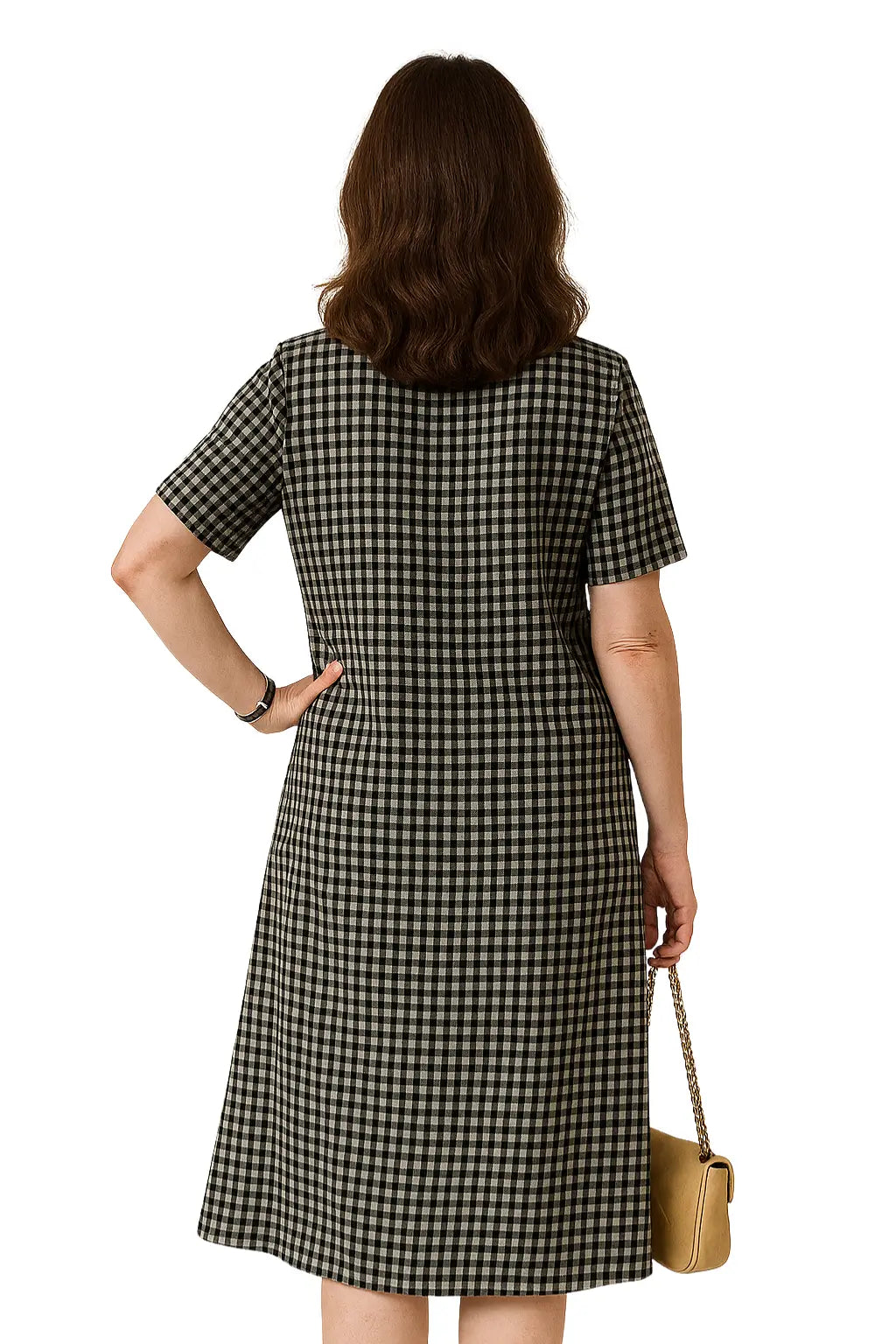 Vestido feminino midi xadrez com manga curta, gola social e botões – modelo casual vintage solto para o verão 