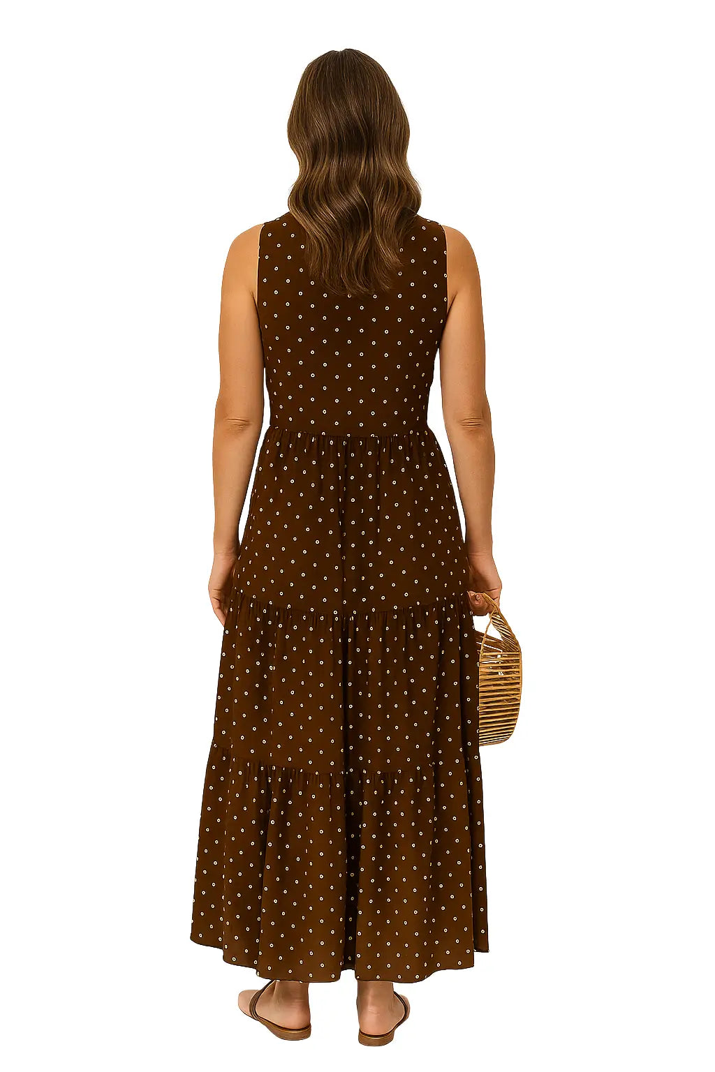 Vestido feminino longo sem mangas com estampa de poá, tecido chiffon leve e modelagem solta boho casual – ideal para primavera/verão
