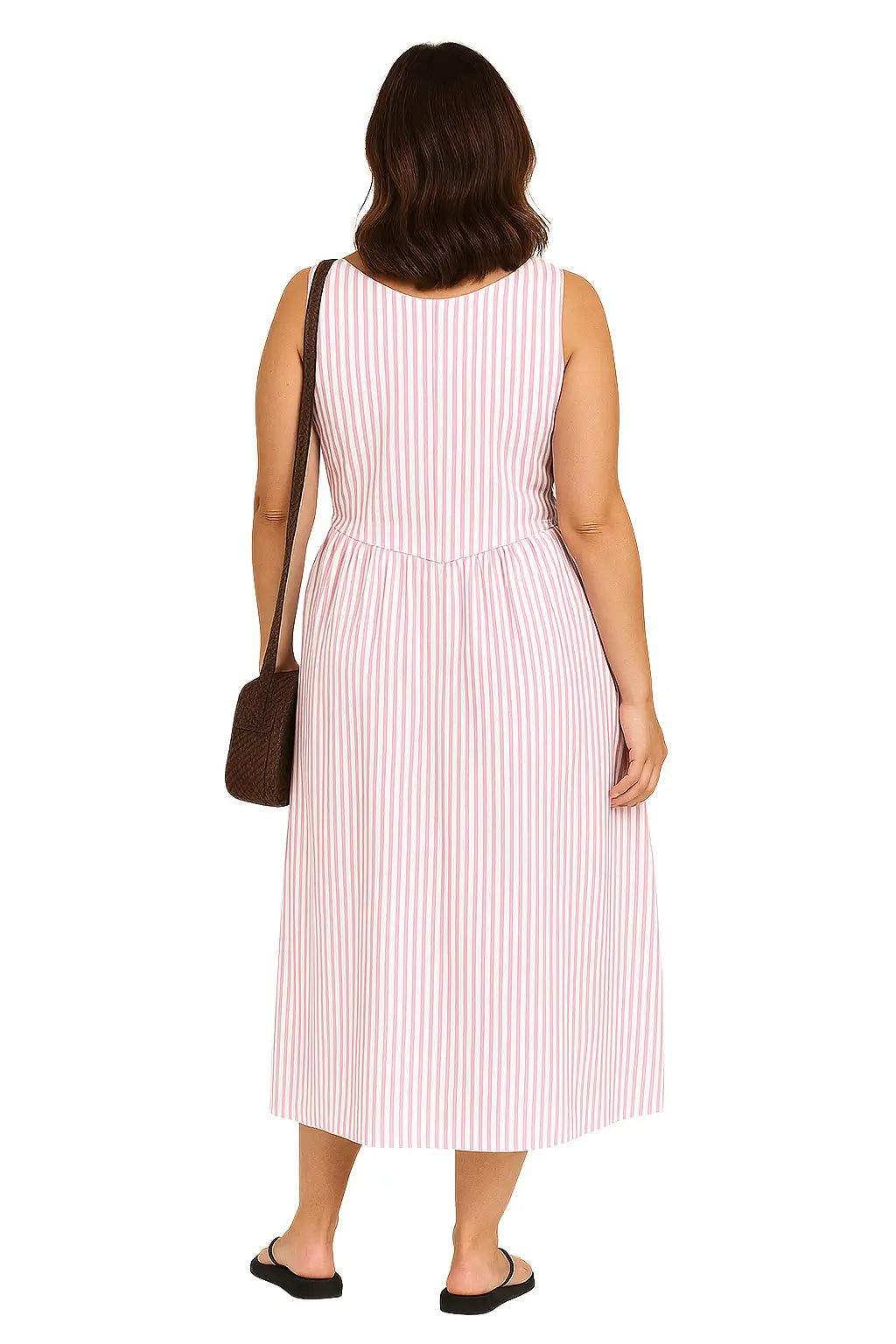 Vestido feminino listrado amarelo sem mangas, modelagem acinturada e comprimento midi – estilo elegante casual para o verão