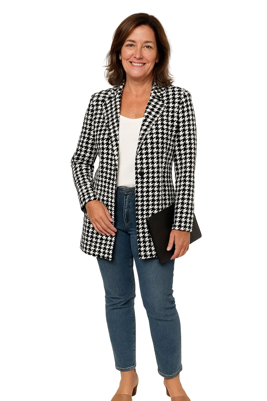 Mulher Usando Blazer Feminino Xadrez Alfaiataria