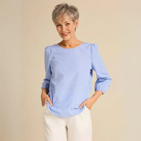Blusa Feminina Azul Casual de Manga Longa com Gola Careca 