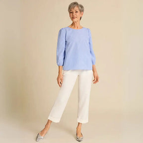 Blusa Feminina Azul Casual de Manga Longa com Gola Careca 