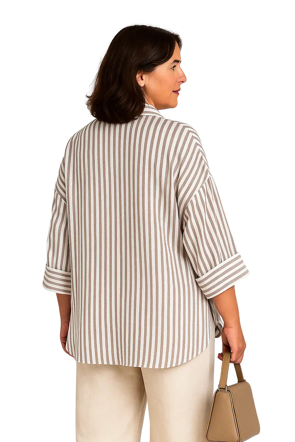 Camisas femininas casuais com mangas amplas e estampa listrada – modelo assimétrico nas cores azul, branco, rosa, amarelo e marrom