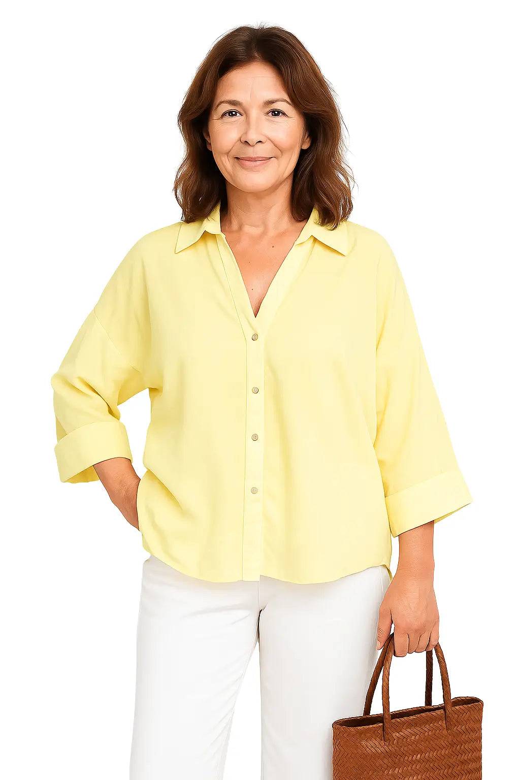Camisas femininas casuais com mangas amplas e estampa listrada – modelo assimétrico nas cores azul, branco, rosa, amarelo e marrom