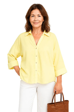 Camisas femininas casuais com mangas amplas e estampa listrada – modelo assimétrico nas cores azul, branco, rosa, amarelo e marrom