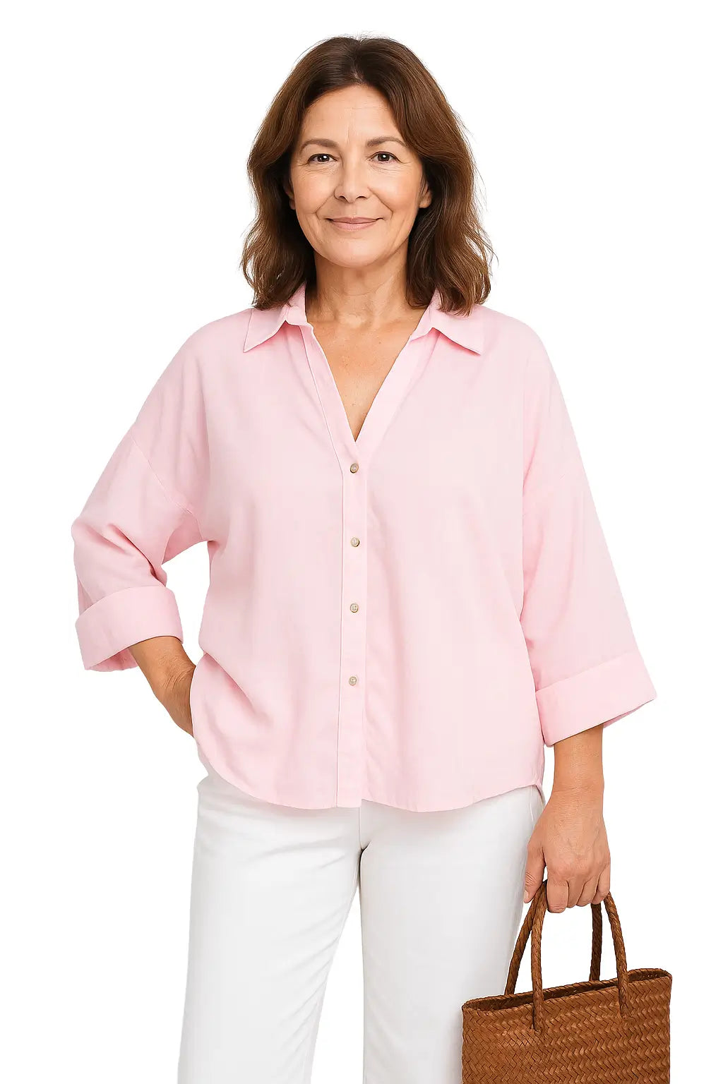Camisas femininas casuais com mangas amplas e estampa listrada – modelo assimétrico nas cores azul, branco, rosa, amarelo e marrom