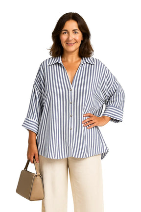 Camisas femininas casuais com mangas amplas e estampa listrada – modelo assimétrico nas cores azul, branco, rosa, amarelo e marrom